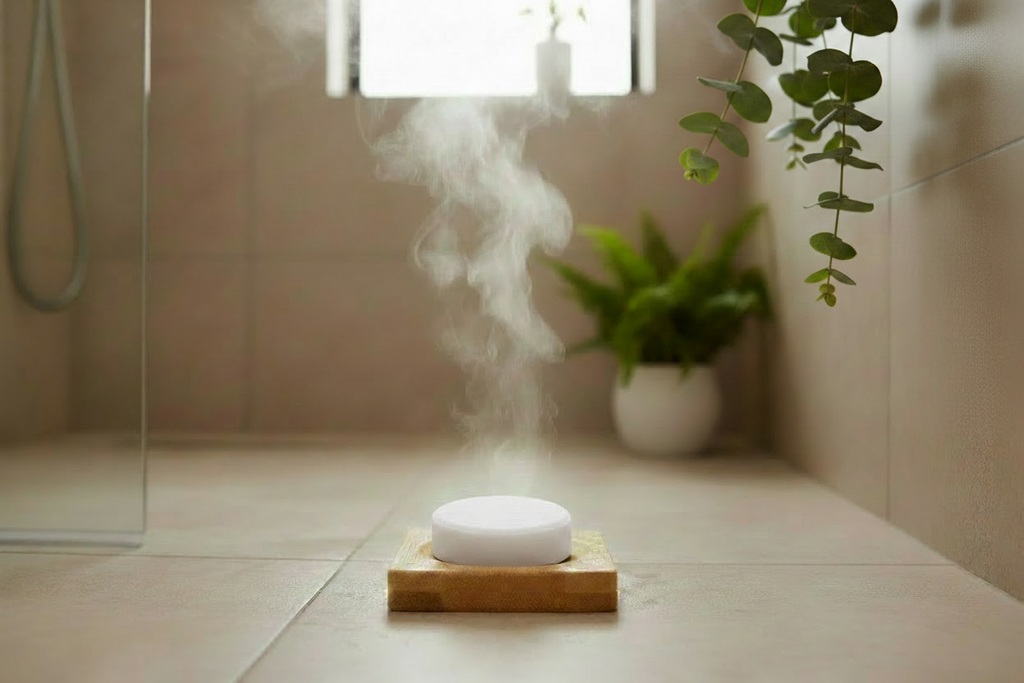 Square Bamboo Dish with Eucalyptus Background