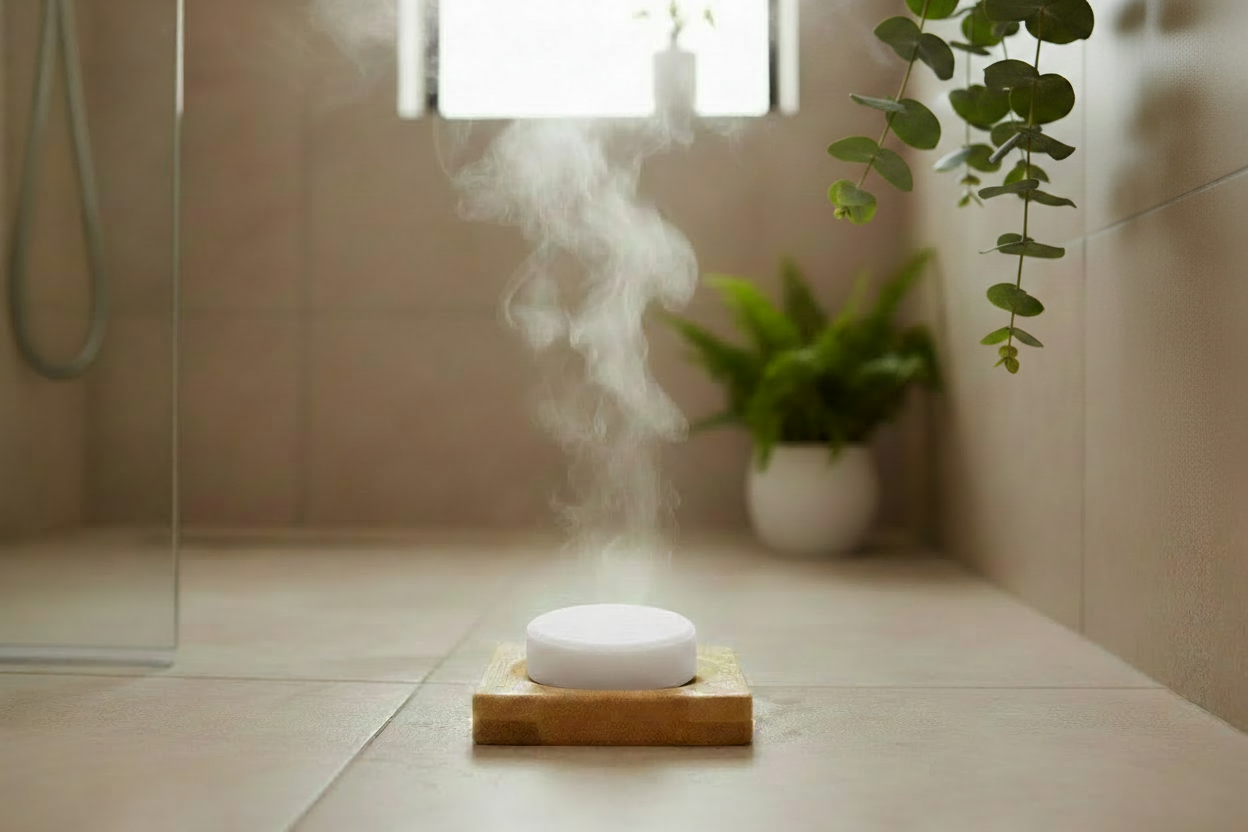 Square Bamboo Dish with Eucalyptus Background